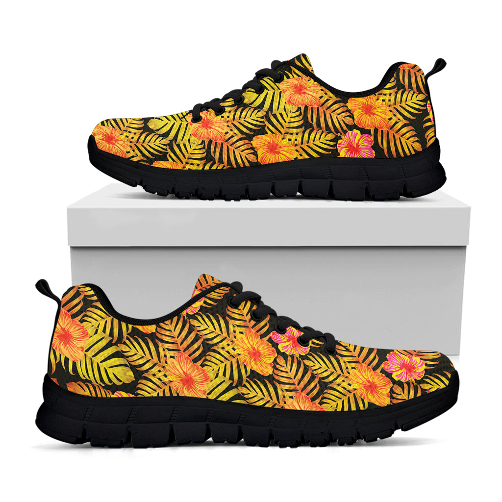 Yellow Hawaiian Tropical Pattern Print Black Sneakers