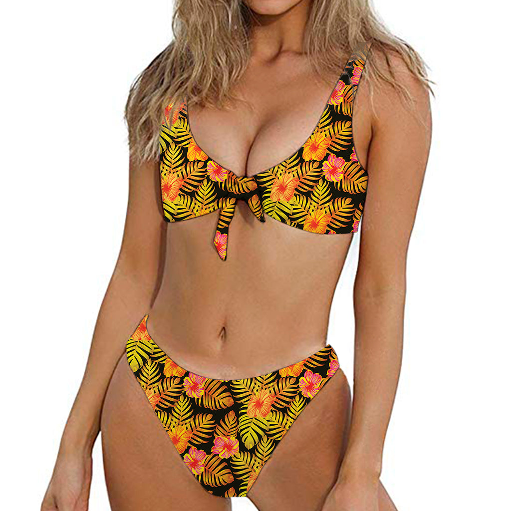 Yellow Hawaiian Tropical Pattern Print Front Bow Tie Bikini