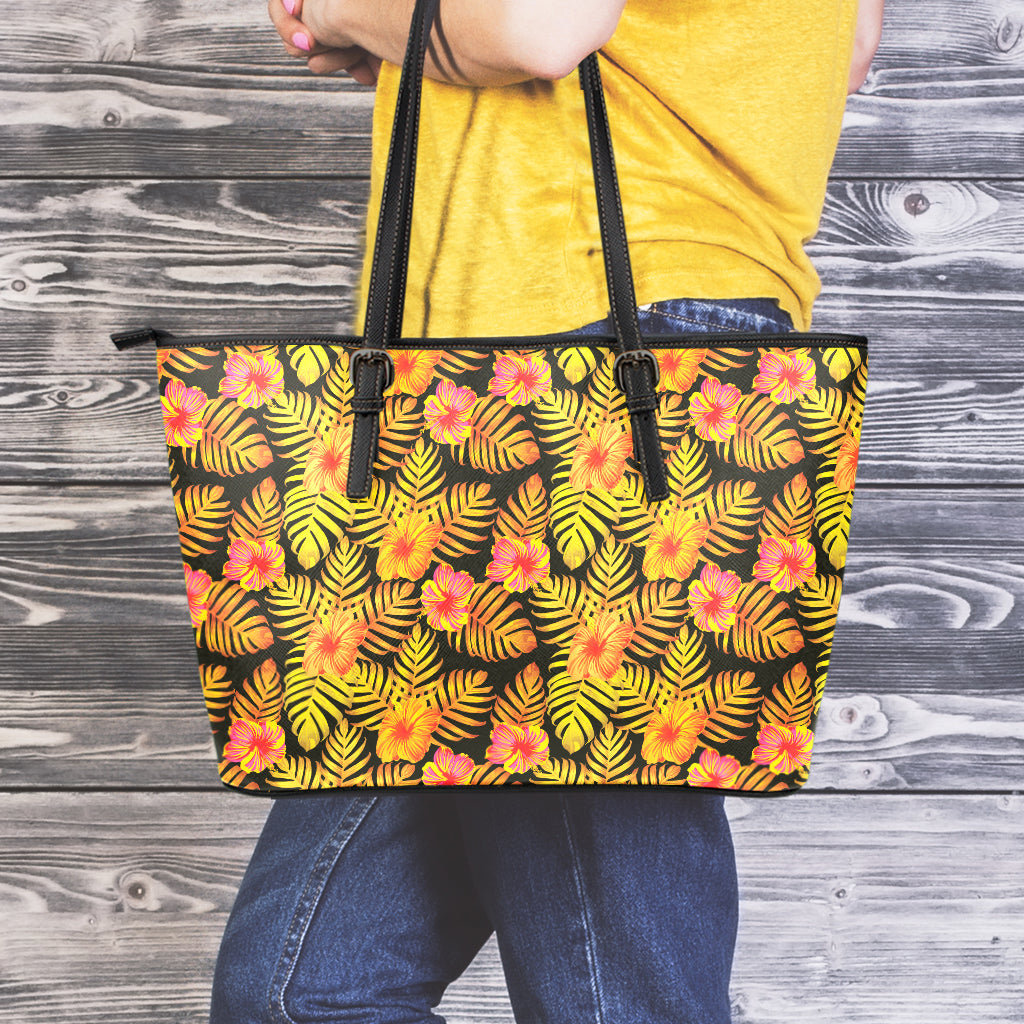 Yellow Hawaiian Tropical Pattern Print Leather Tote Bag