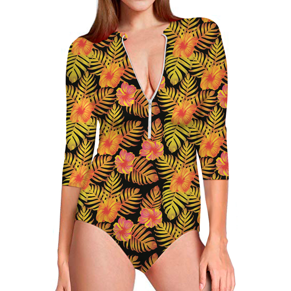 Yellow Hawaiian Tropical Pattern Print Long Sleeve One Piece Swimsuit