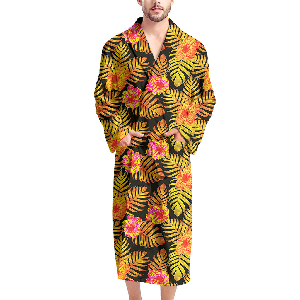 Yellow Hawaiian Tropical Pattern Print Men's Bathrobe