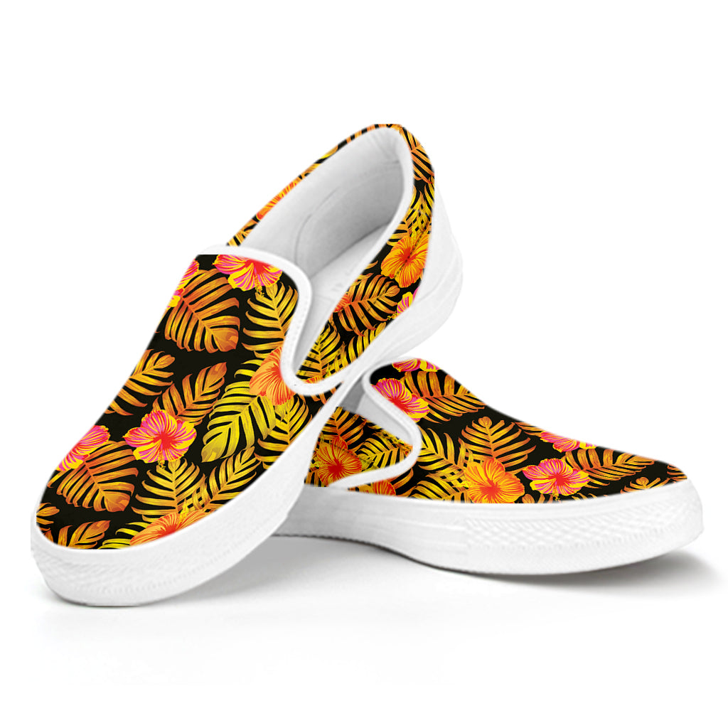 Yellow Hawaiian Tropical Pattern Print White Slip On Shoes