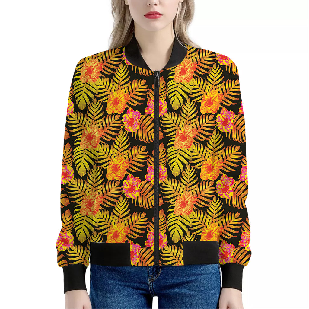 Yellow Hawaiian Tropical Pattern Print Women's Bomber Jacket