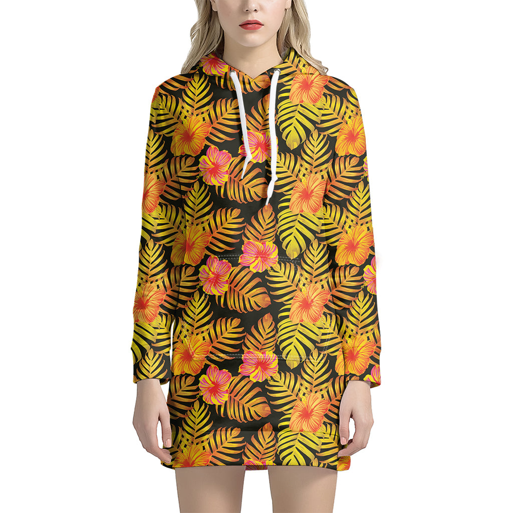 Yellow Hawaiian Tropical Pattern Print Women's Pullover Hoodie Dress