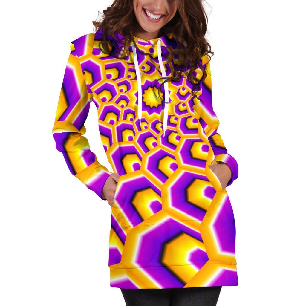 Yellow Hive Moving Optical Illusion Women's Pullover Hoodie Dress