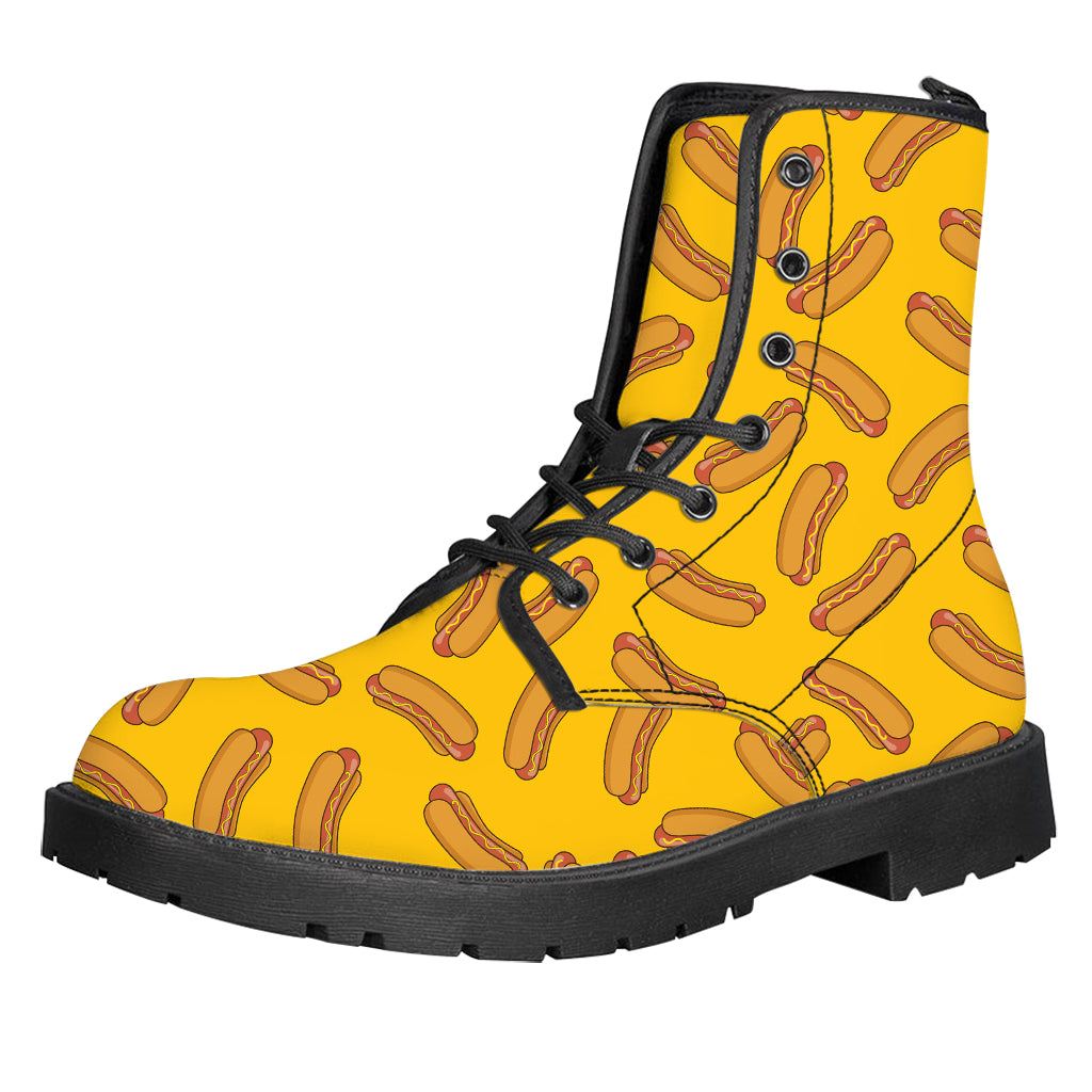 Yellow Hot Dog Pattern Print Leather Boots