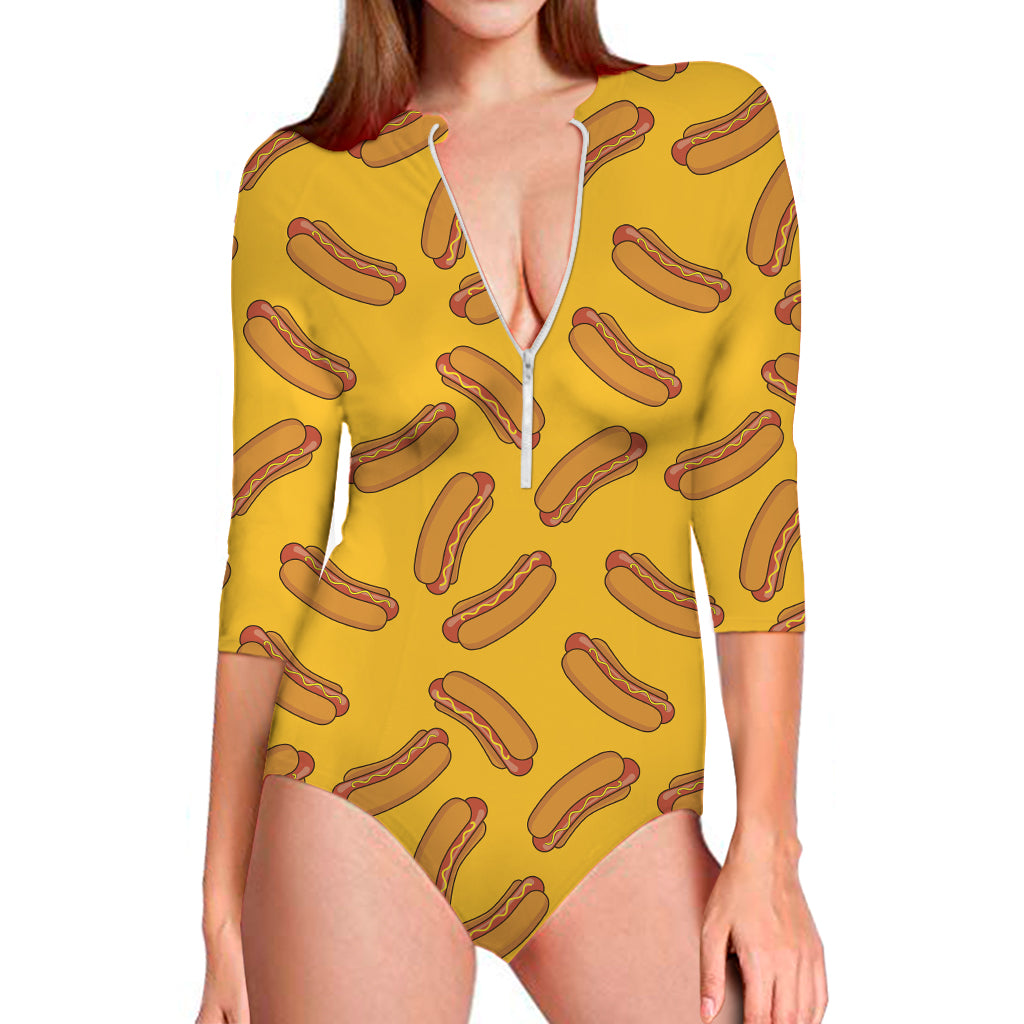 Yellow Hot Dog Pattern Print Long Sleeve One Piece Swimsuit