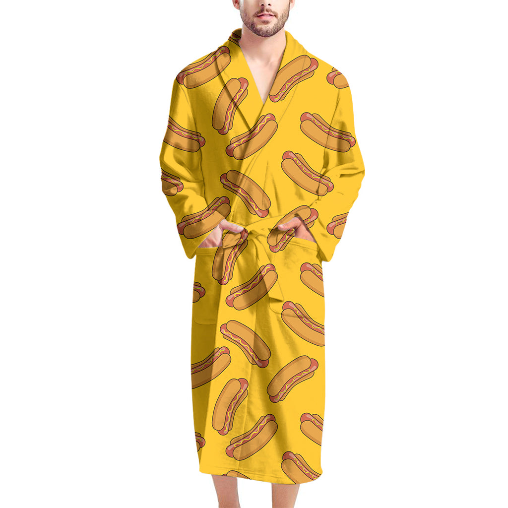 Yellow Hot Dog Pattern Print Men's Bathrobe