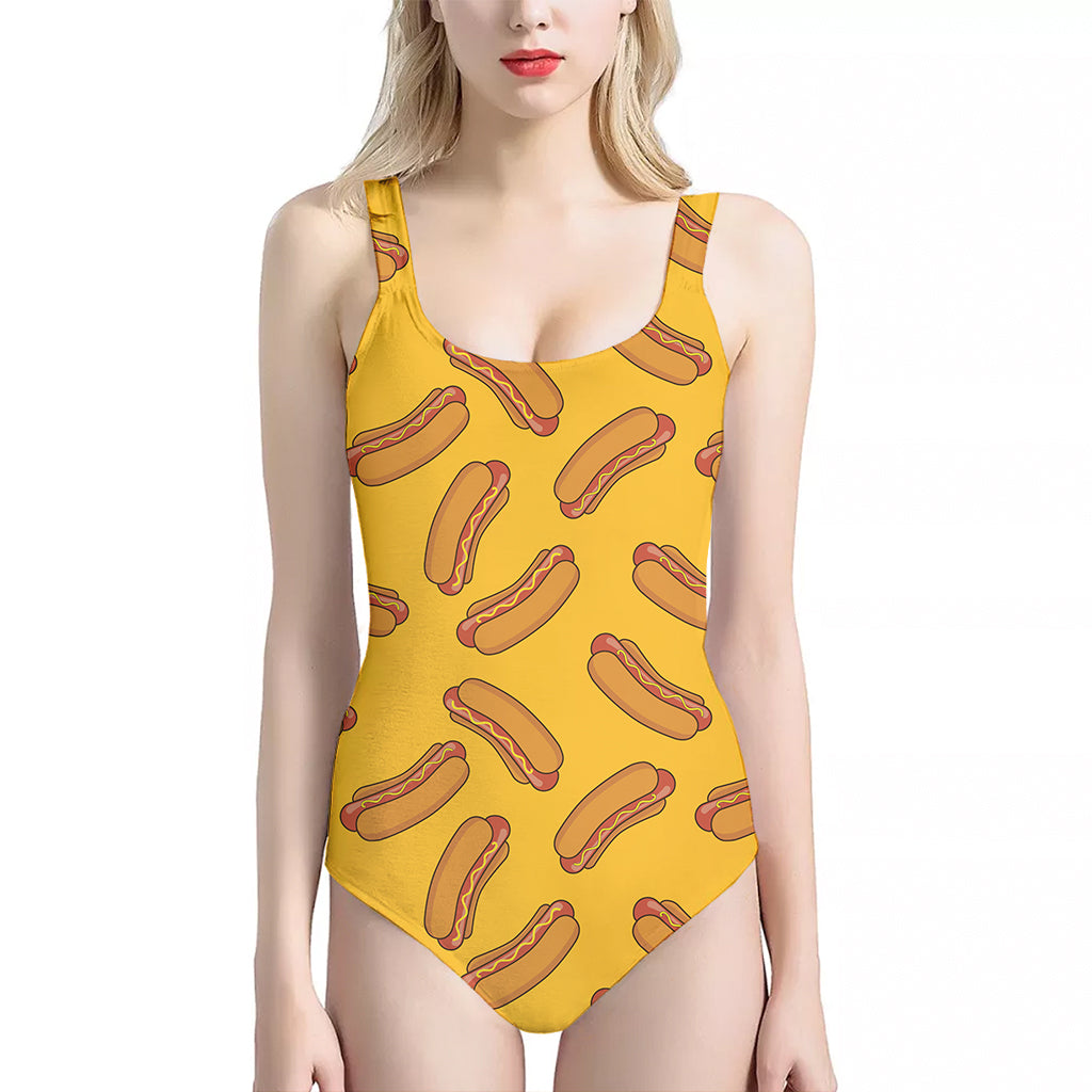 Yellow Hot Dog Pattern Print One Piece Halter Neck Swimsuit