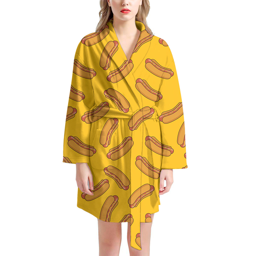 Yellow Hot Dog Pattern Print Women's Bathrobe