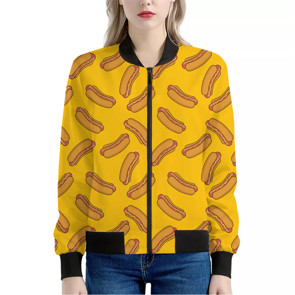 Yellow Hot Dog Pattern Print Women's Bomber Jacket