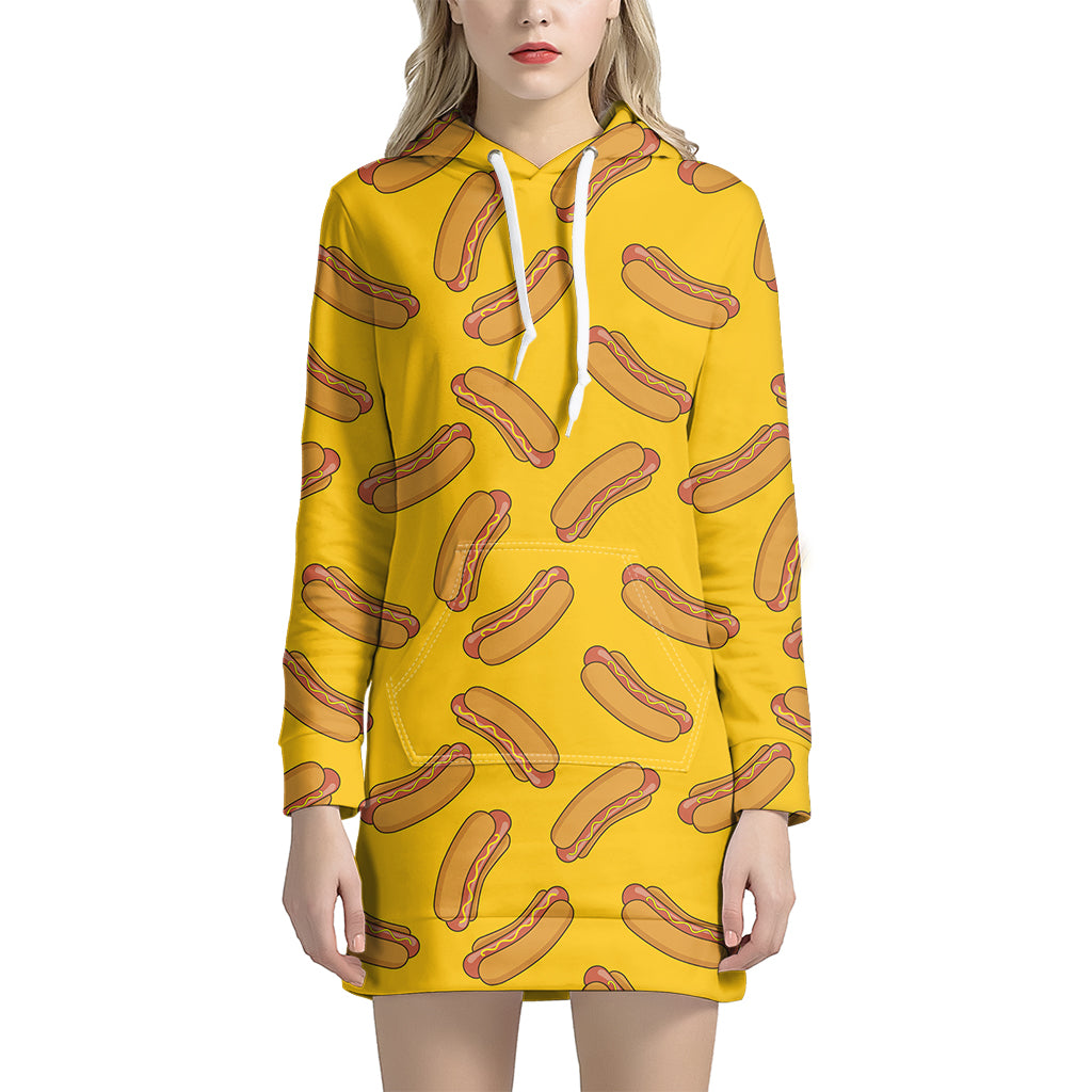 Yellow Hot Dog Pattern Print Women's Pullover Hoodie Dress