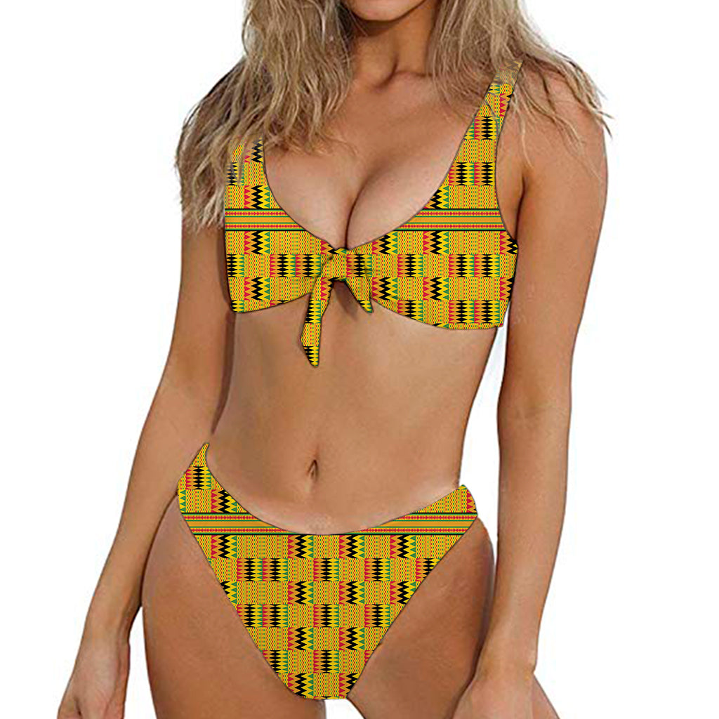 Yellow Kente Pattern Print Front Bow Tie Bikini