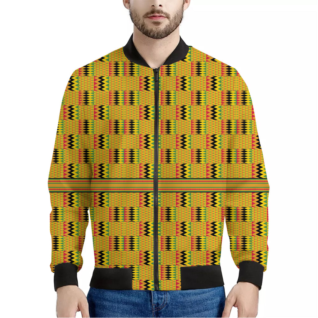 Yellow Kente Pattern Print Men's Bomber Jacket