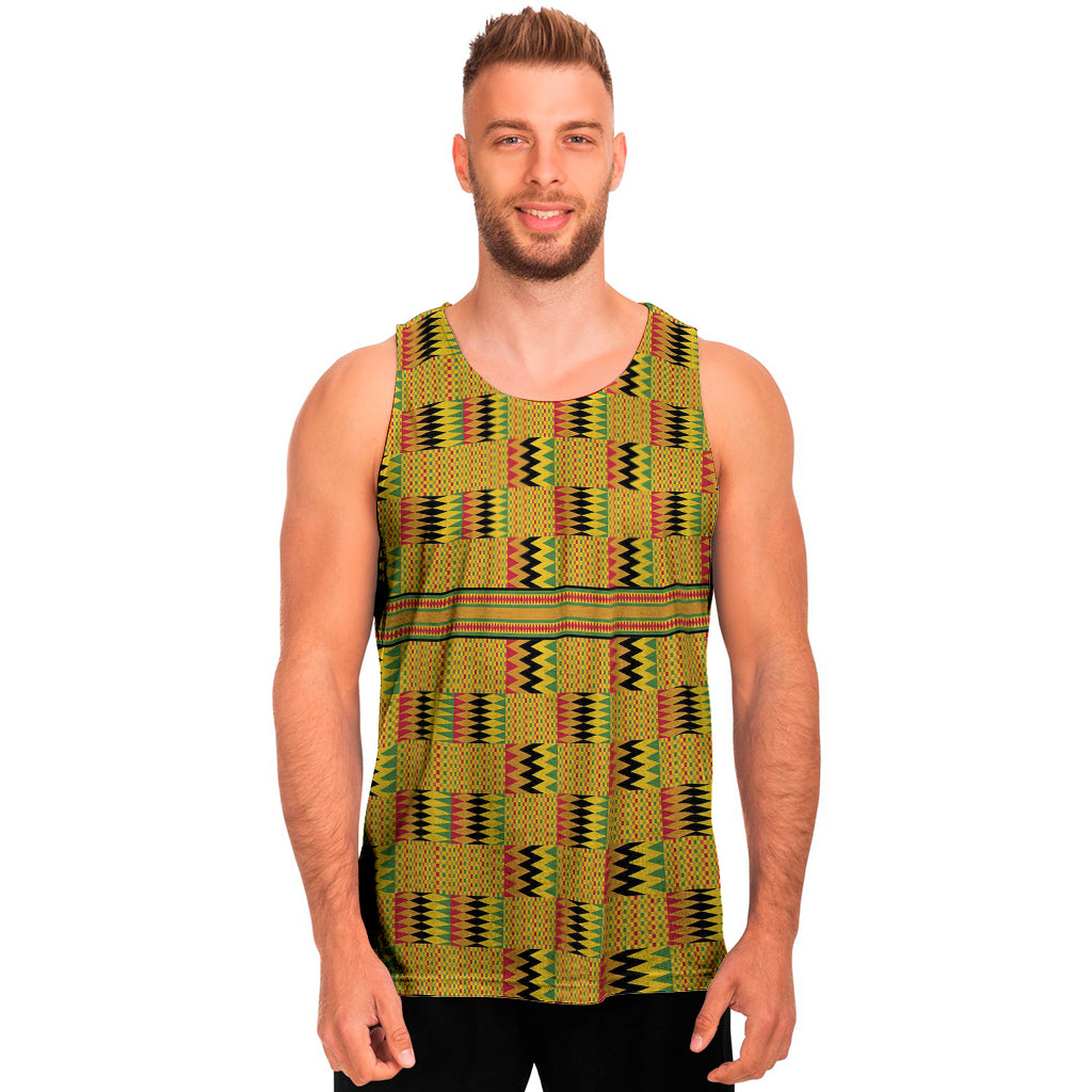 Yellow Kente Pattern Print Men's Tank Top