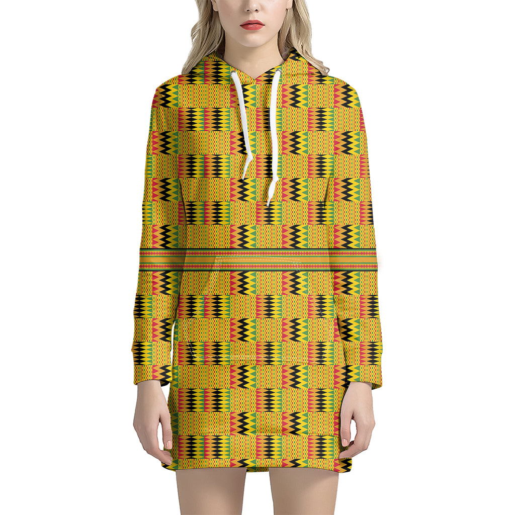 Yellow Kente Pattern Print Women's Pullover Hoodie Dress