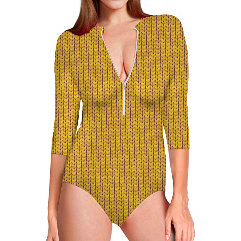 Yellow Knitted Pattern Print Long Sleeve One Piece Swimsuit