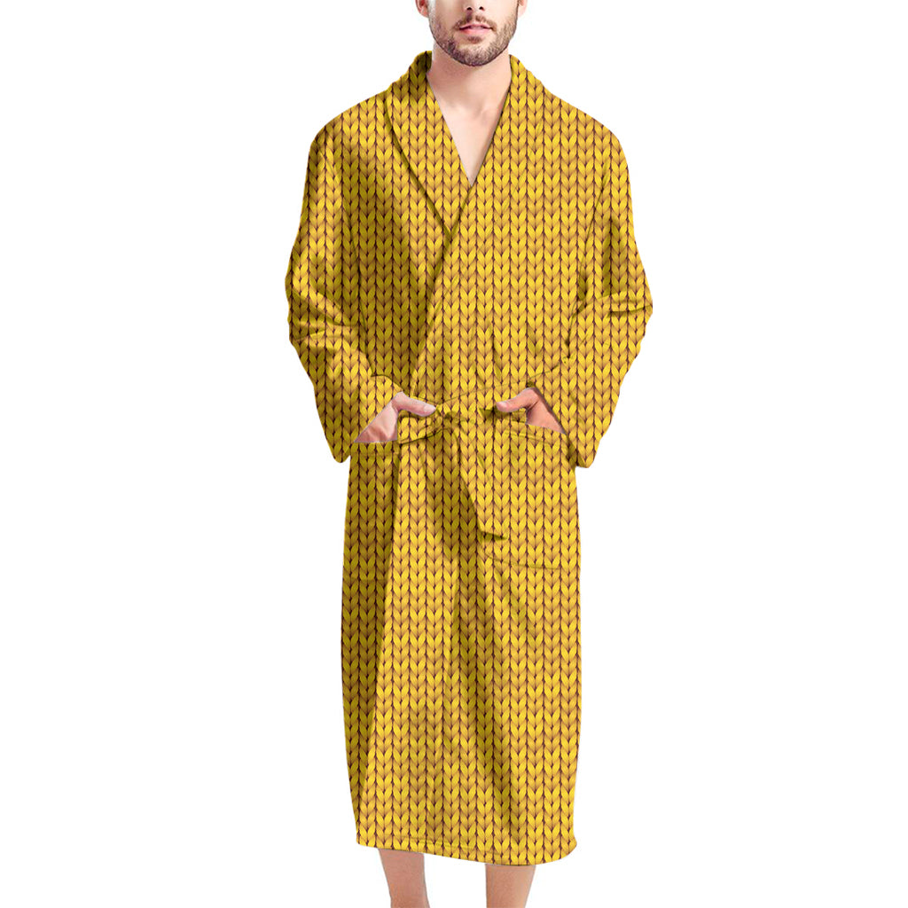Yellow Knitted Pattern Print Men's Bathrobe