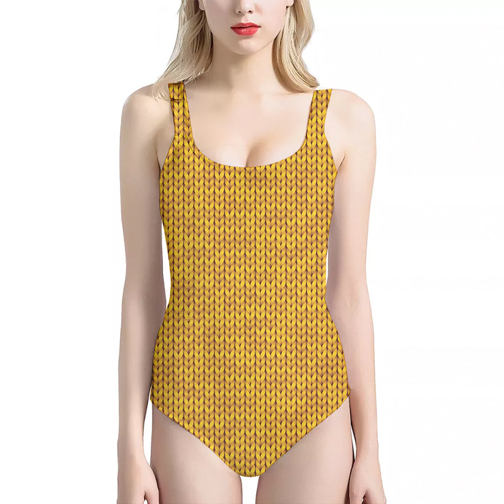 Yellow Knitted Pattern Print One Piece Halter Neck Swimsuit