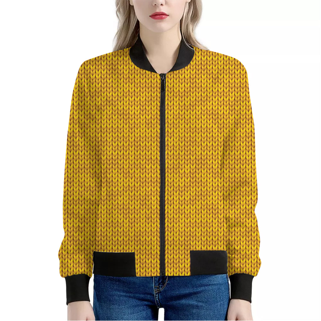 Yellow Knitted Pattern Print Women's Bomber Jacket