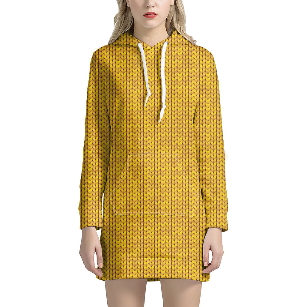 Yellow Knitted Pattern Print Women's Pullover Hoodie Dress