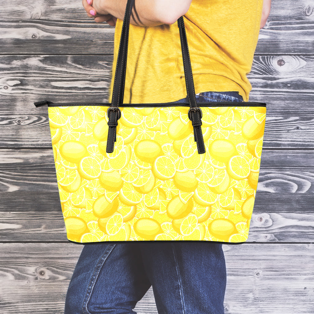 Yellow Lemon Pattern Print Leather Tote Bag