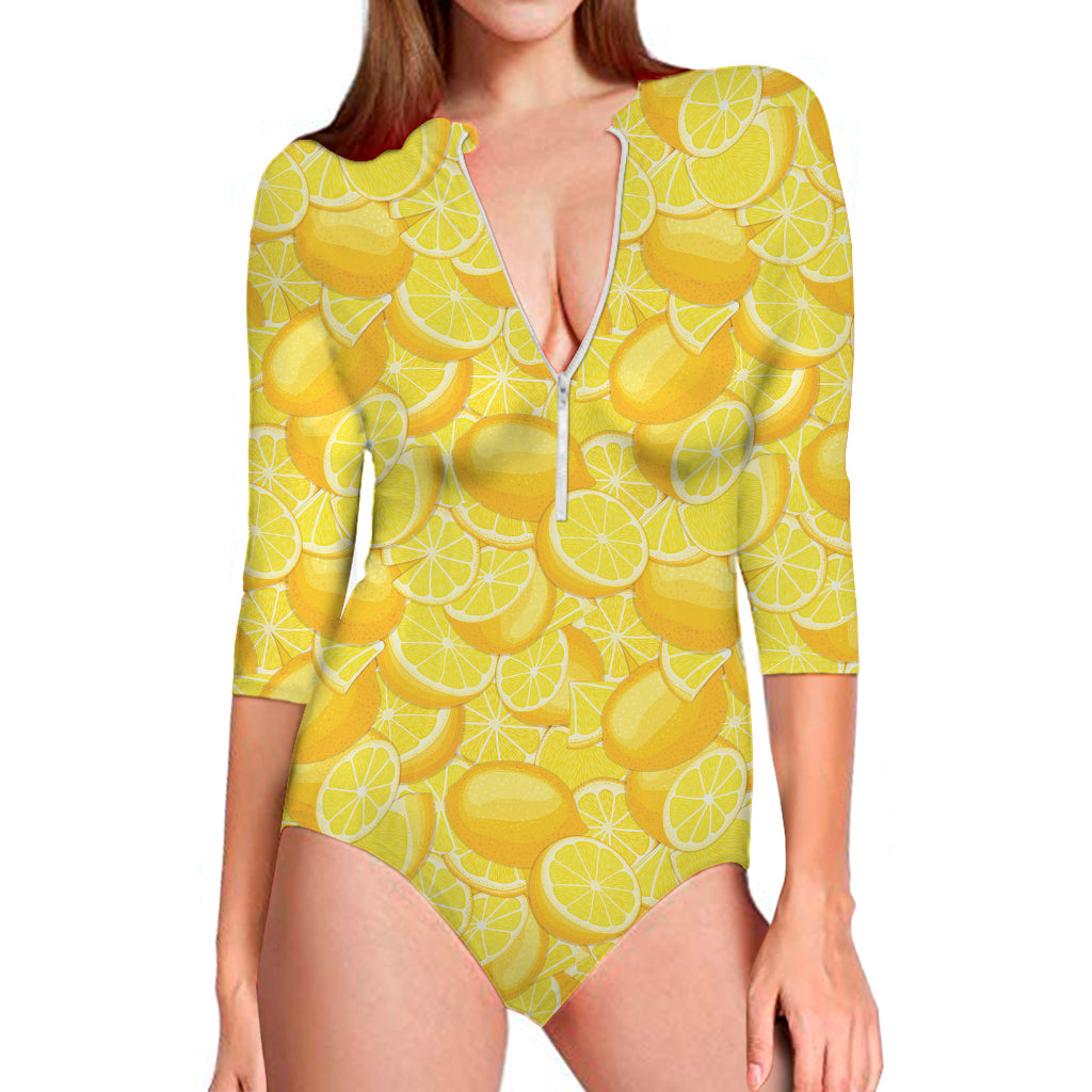 Yellow Lemon Pattern Print Long Sleeve One Piece Swimsuit