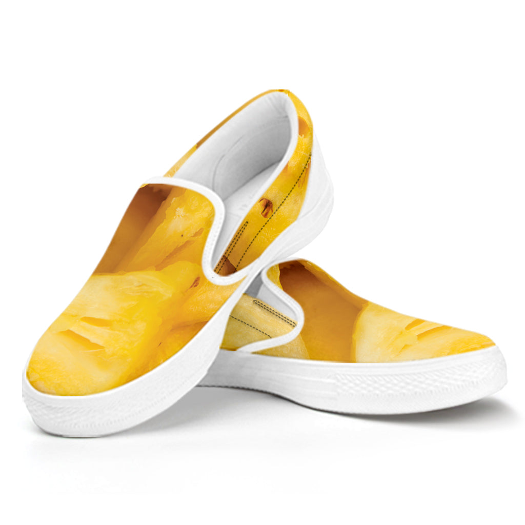 Yellow Pineapple Pieces Print White Slip On Shoes