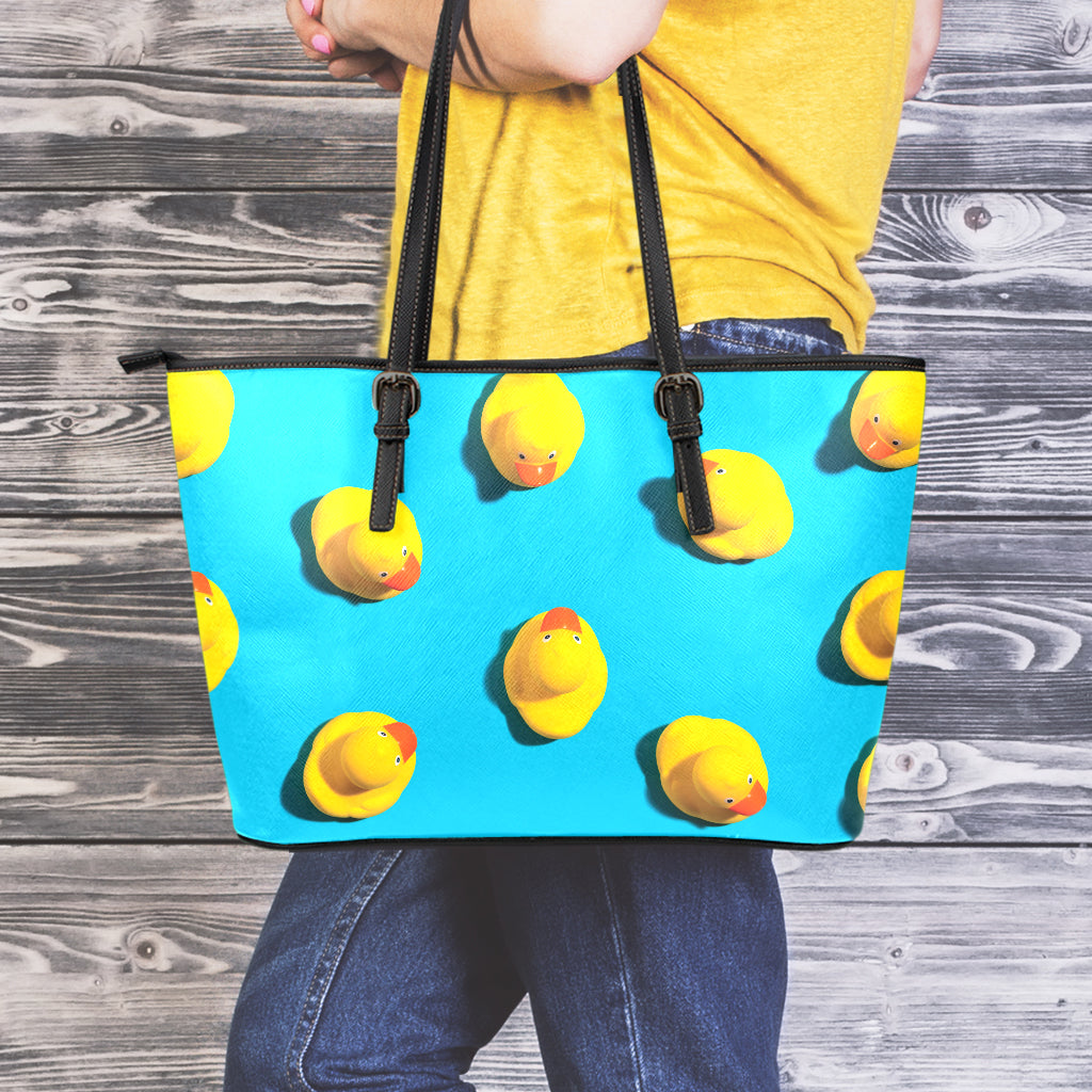 Yellow Rubber Ducks Print Leather Tote Bag