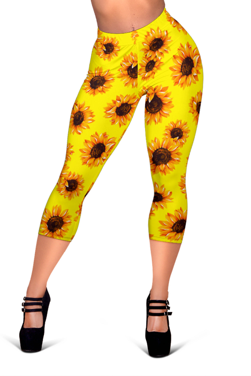 Yellow Sunflower Pattern Print Women's Capri Leggings