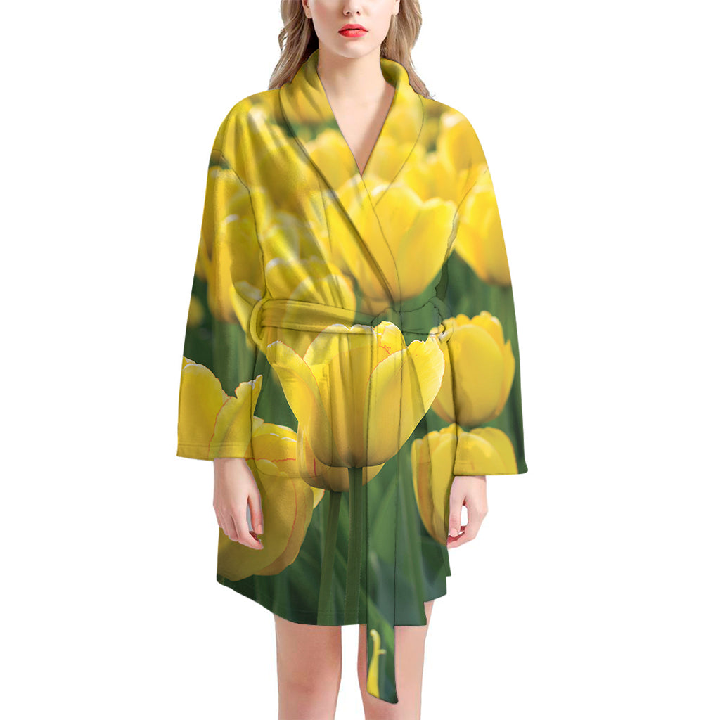 Yellow Tulip Print Women's Bathrobe