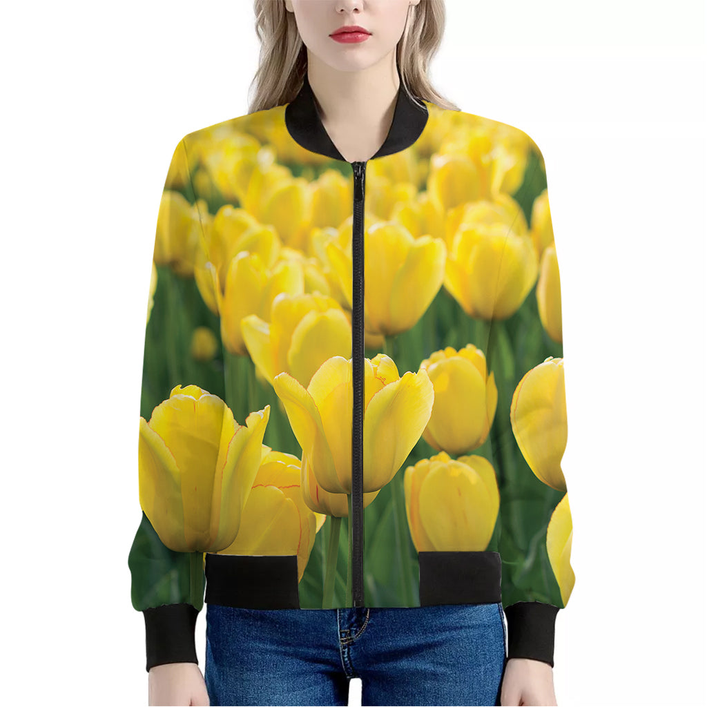 Yellow Tulip Print Women's Bomber Jacket