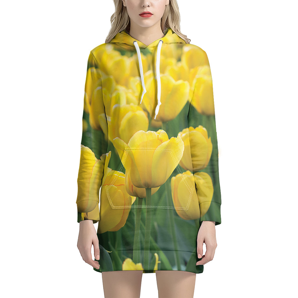 Yellow Tulip Print Women's Pullover Hoodie Dress