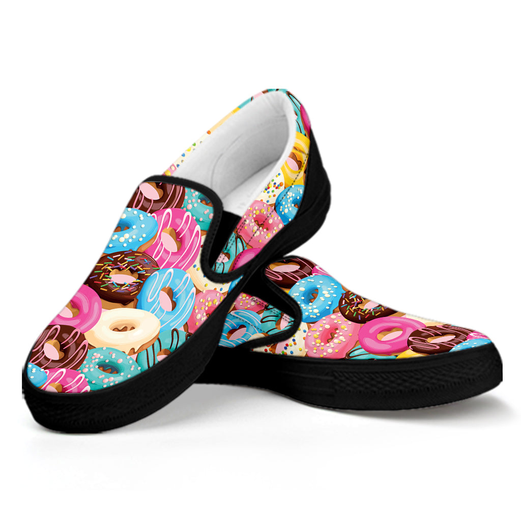 Yummy Donut Pattern Print Black Slip On Shoes