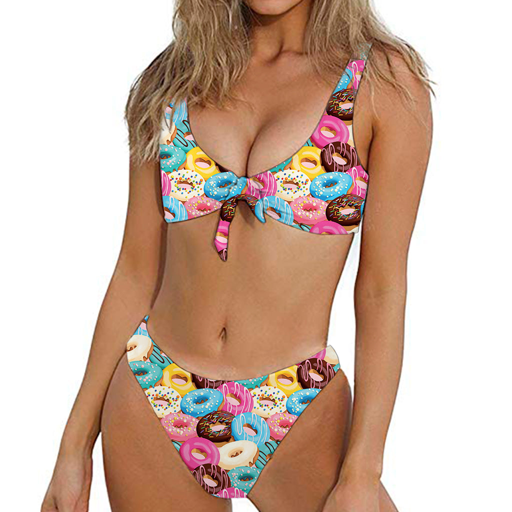 Yummy Donut Pattern Print Front Bow Tie Bikini