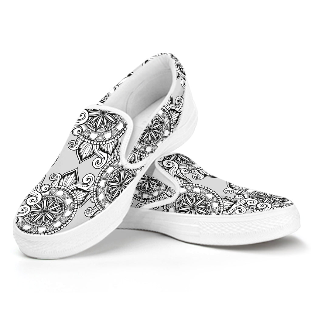 Zentangle Floral Pattern Print White Slip On Shoes