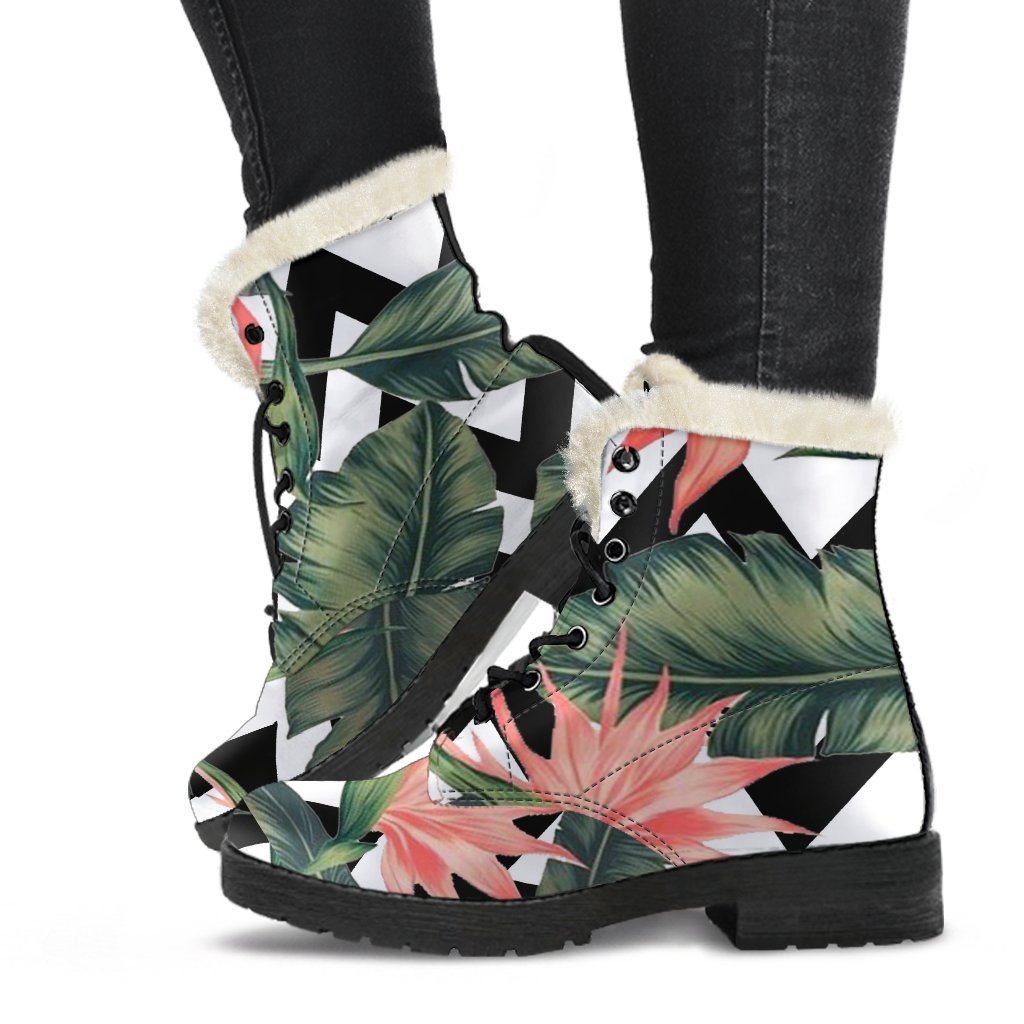 Zig Zag Tropical Pattern Print Faux Fur Leather Boots