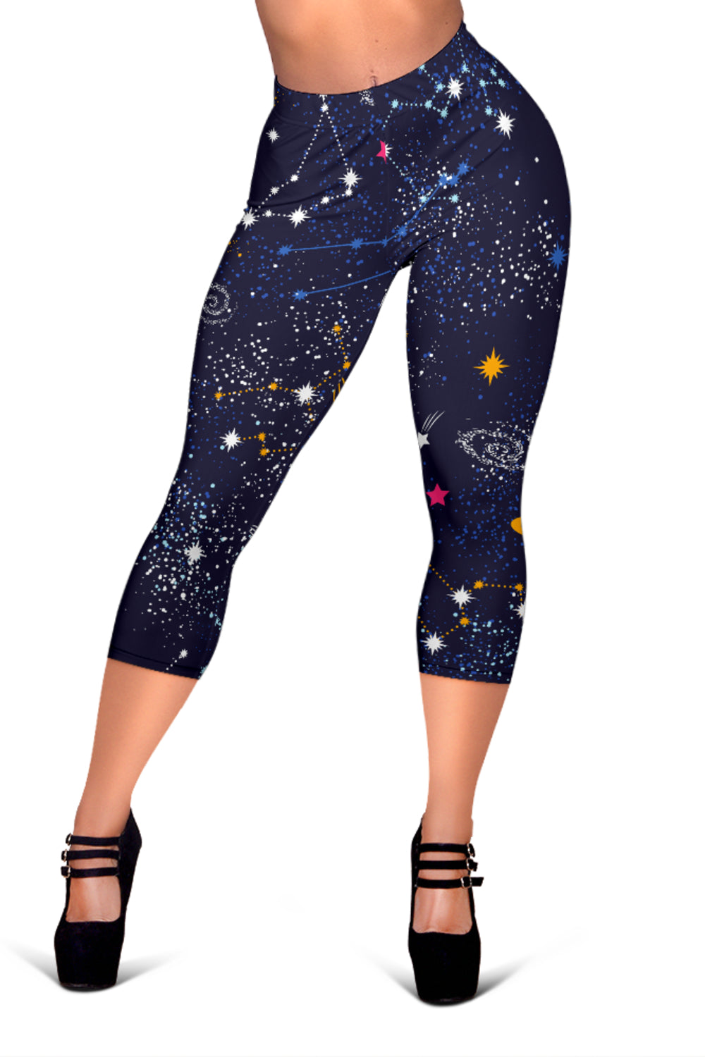 Zodiac Star Signs Galaxy Space Print Women's Capri Leggings