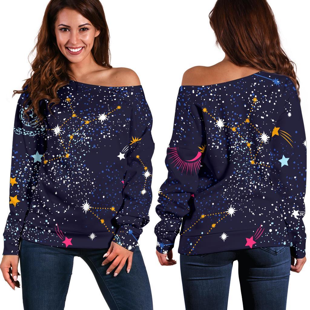 Zodiac Star Signs Galaxy Space Print Women's Off-Shoulder Sweatshirt