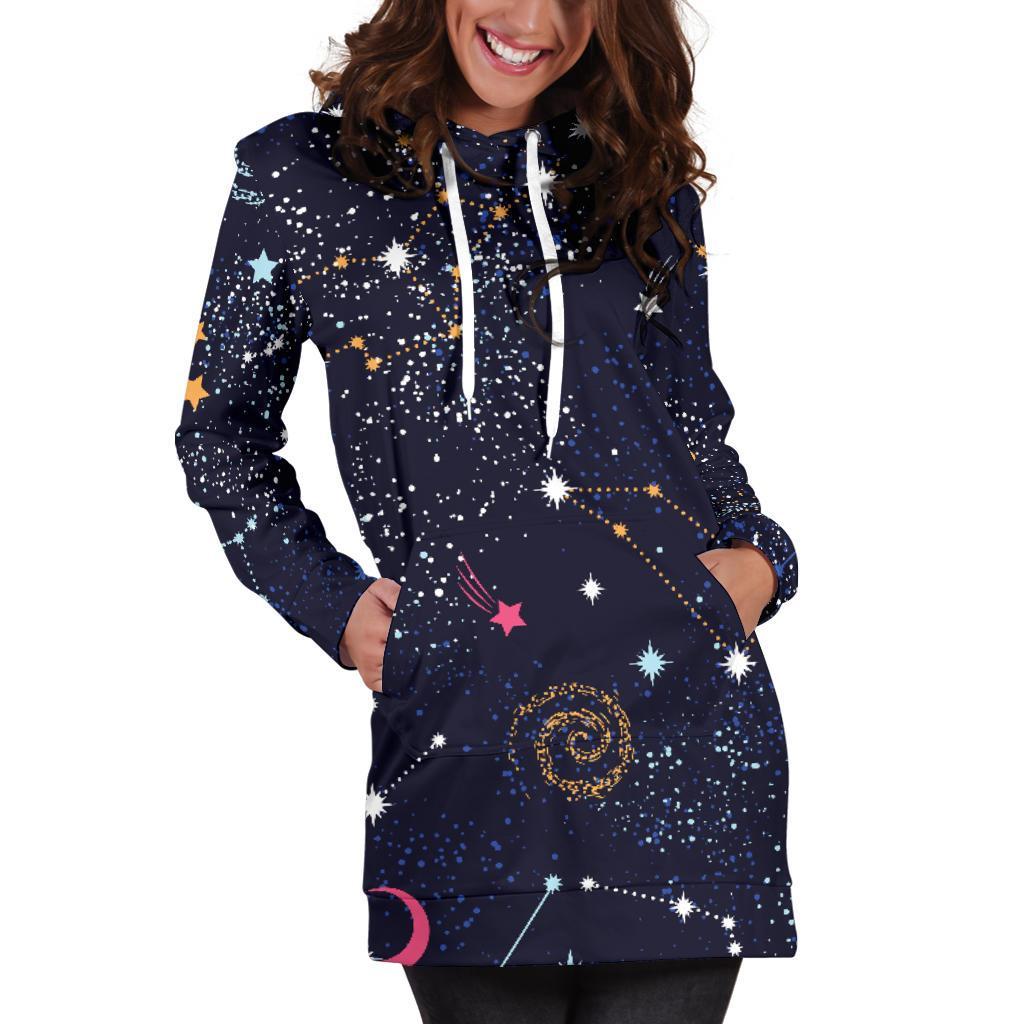 Zodiac Star Signs Galaxy Space Print Women's Pullover Hoodie Dress