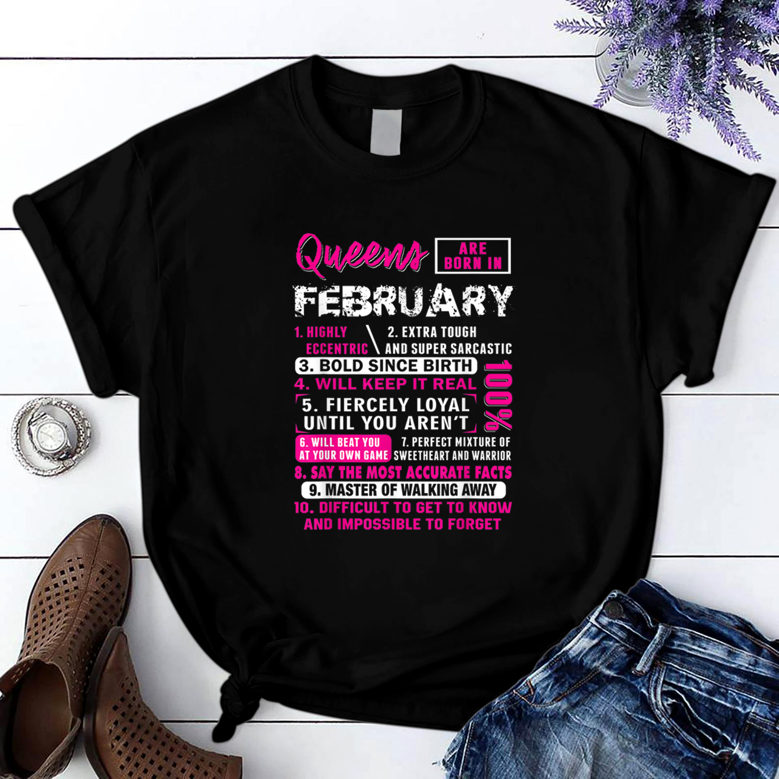 10 Queens Are Born In February Funny T Shirt Black Women S-3Xl