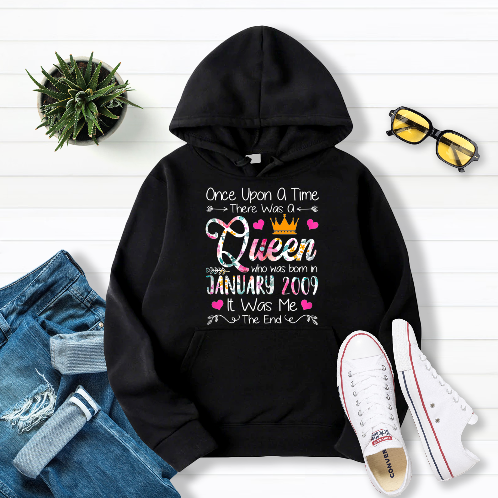 12 Years Birthday Girls 12th Birthday Queen January 2009 Pullover Hoodie Black S-5XL