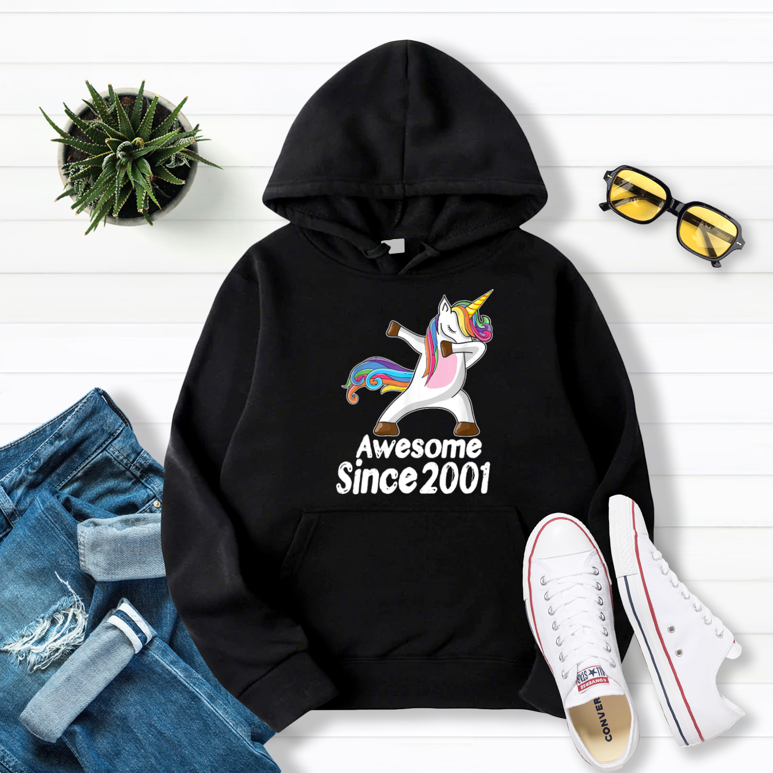 18th Birthday Gift Awesome Since 2001 Unicorn Dabbing Pullover Hoodie Black S-5XL