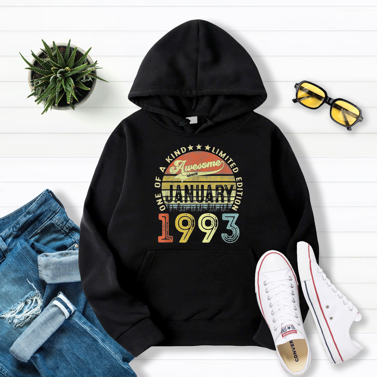 28 Years Old Gifts Awesome Since January 1993 28th Birthday Pullover Hoodie Black S-5XL
