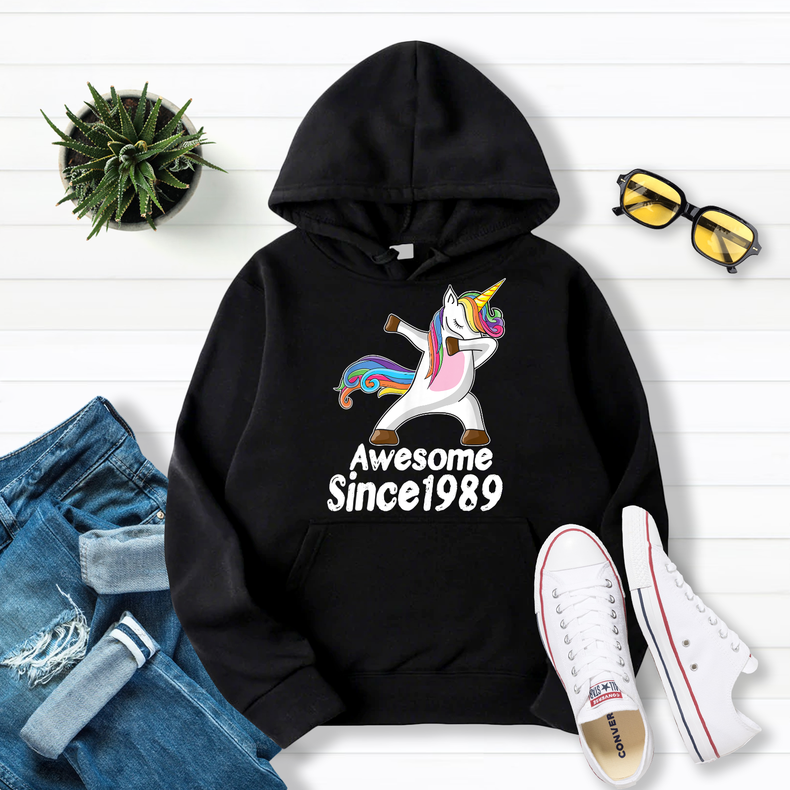 30th Birthday Gift Awesome Since 1989 Unicorn Dabbing Pullover Hoodie Black S-5XL