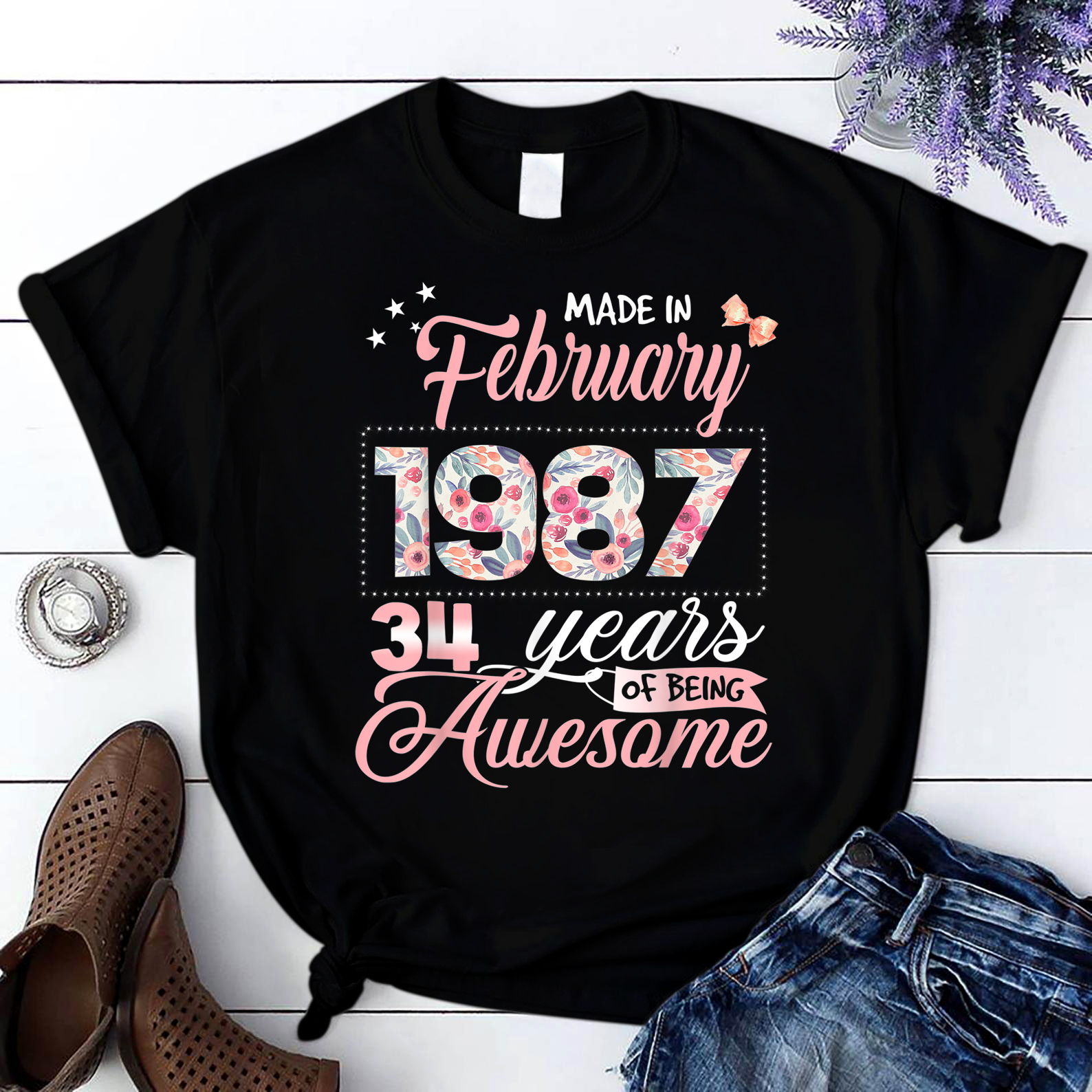 34Th Birthday Floral Gift For Womens Born In February 1987 T Shirt Black Women S-3Xl