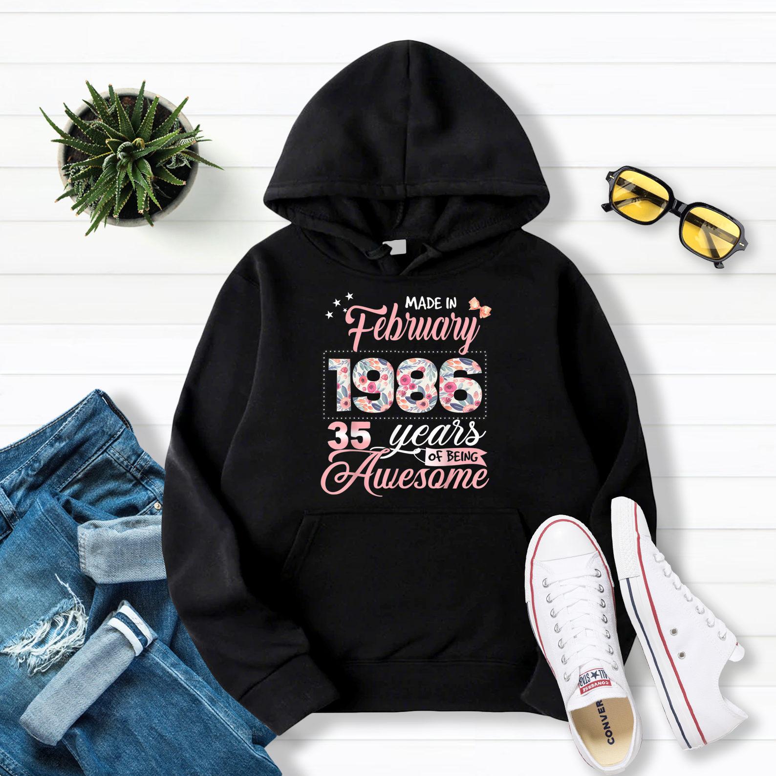 35Th Birthday Floral Gift For Womens Born In February 1986 Pullover Hoodie Black S-5Xl