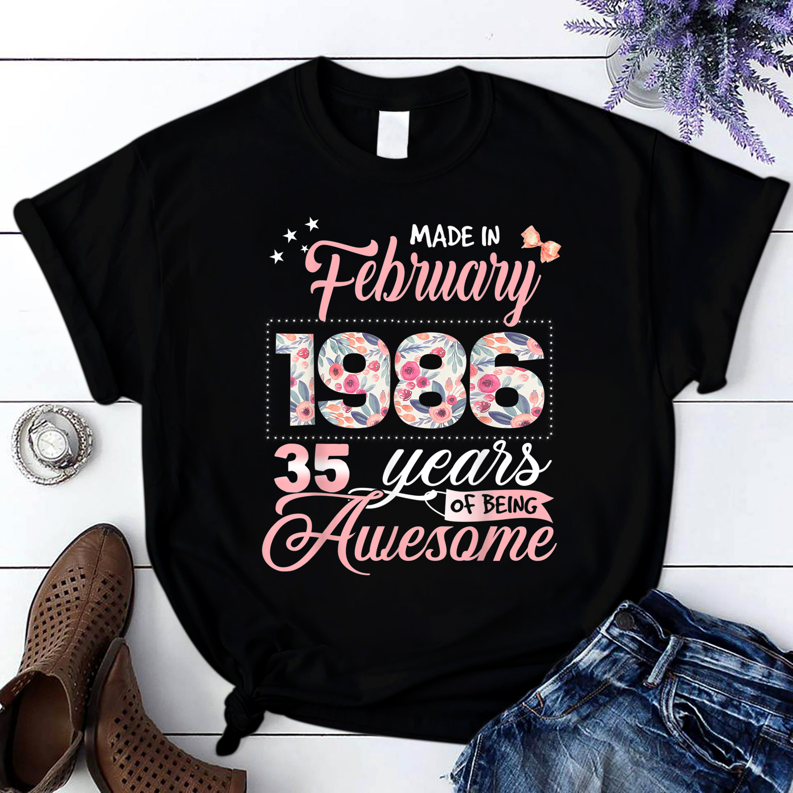 35Th Birthday Floral Gift For Womens Born In February 1986 T Shirt Black Women S-3Xl