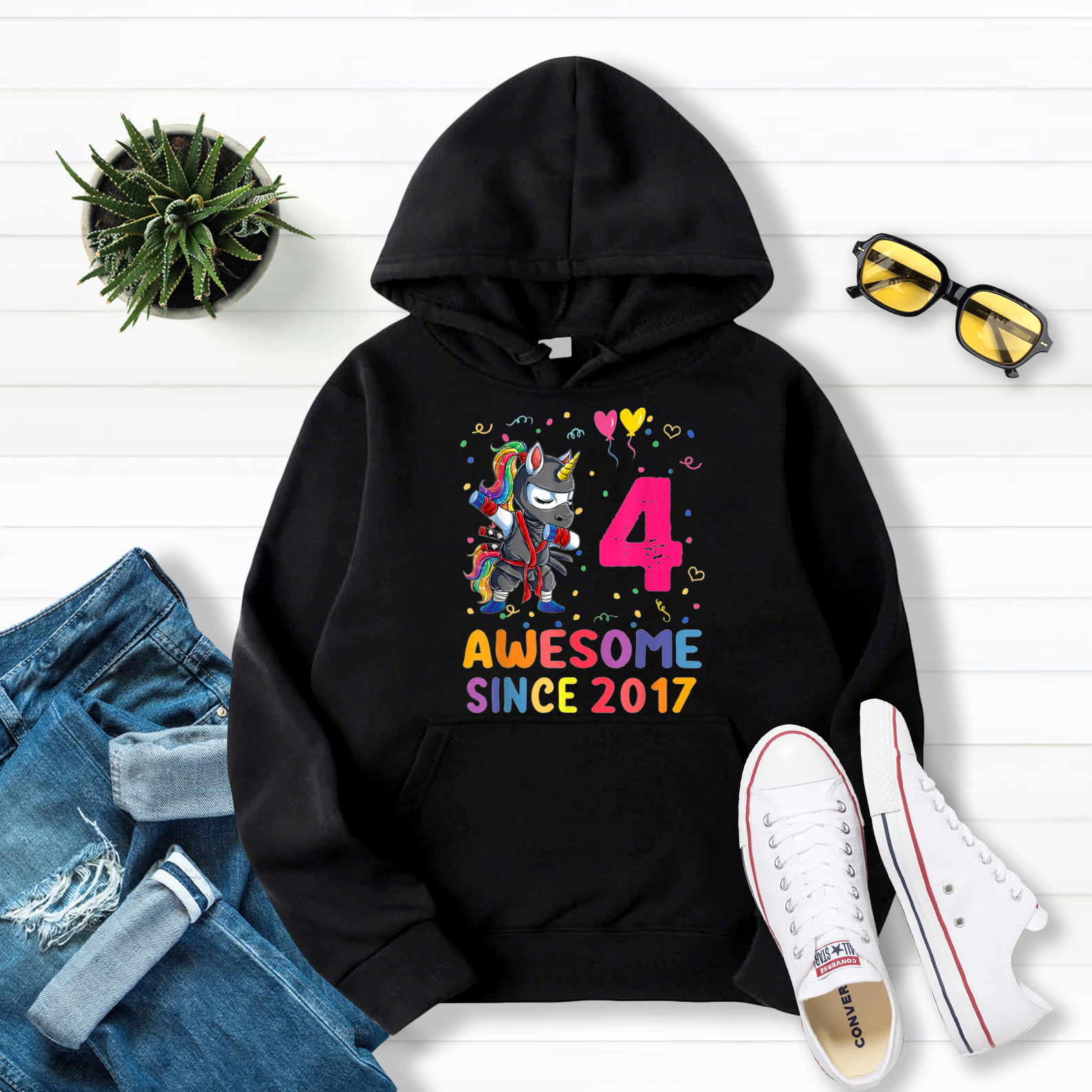 4 Years Old 4th Birthday Gifts 2017 Unicorn Dabbing Girls Pullover Hoodie Black S-5XL