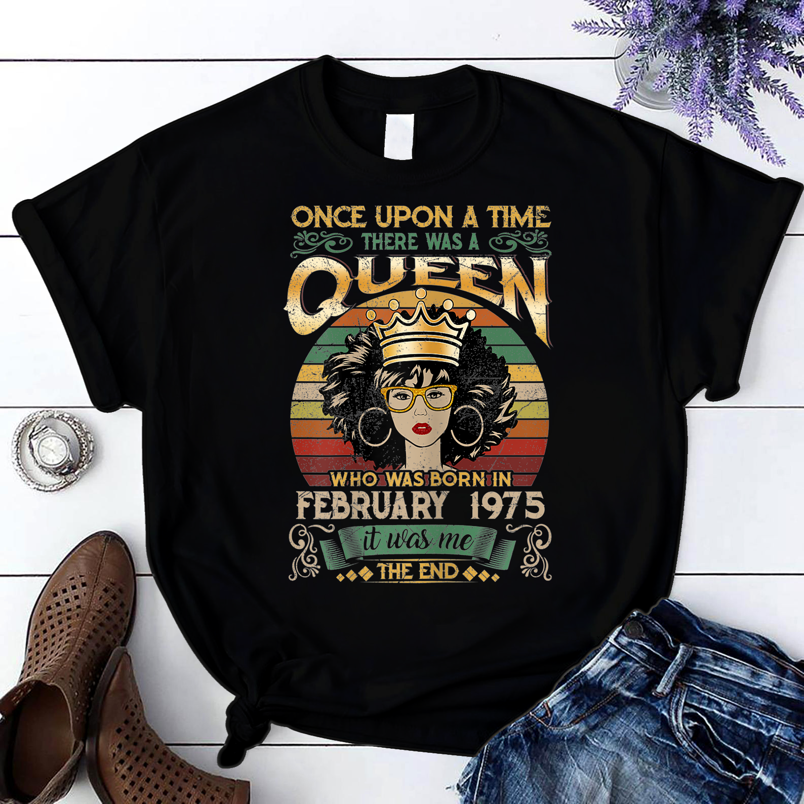 46 Years Birthday Girls 46Th Birthday Queen February 1975 T Shirt Black Women S-3Xl